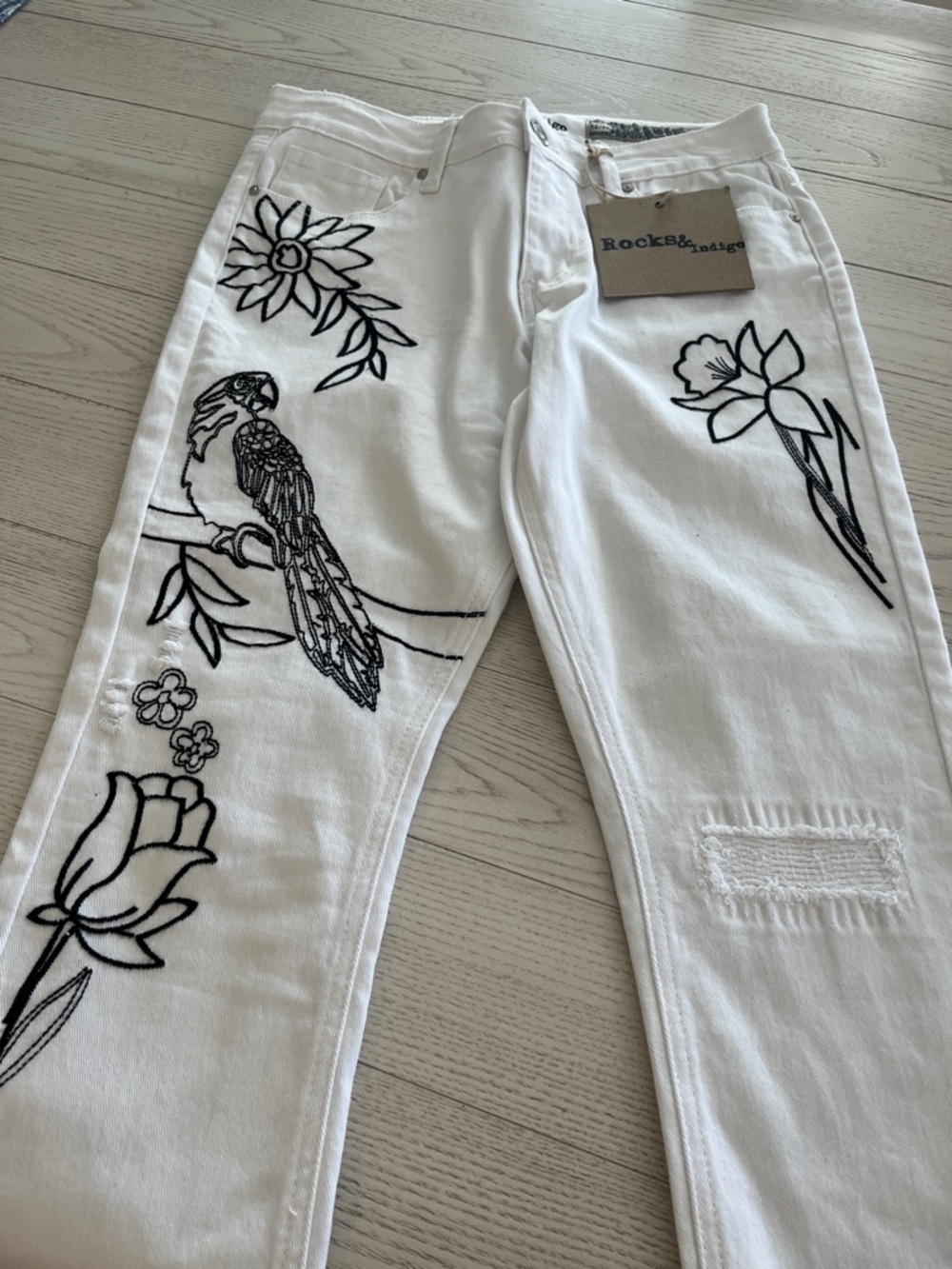 Rock & Indigo White Skinny Jeans with Black Embroidered Parrot